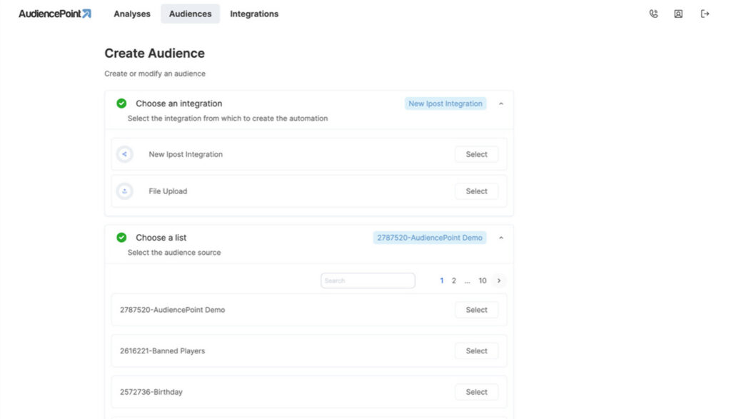 Screenshot showing the create audience step where the user selects iPost for the integration and then the iPost list from those that display.