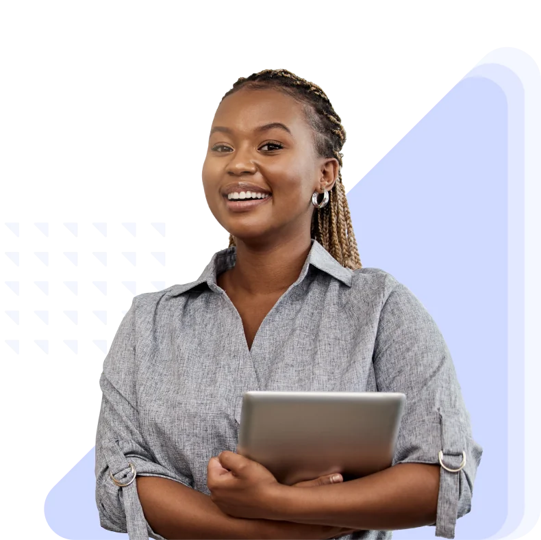 a photo of a woman holding a laptop and standing in front of a blue background