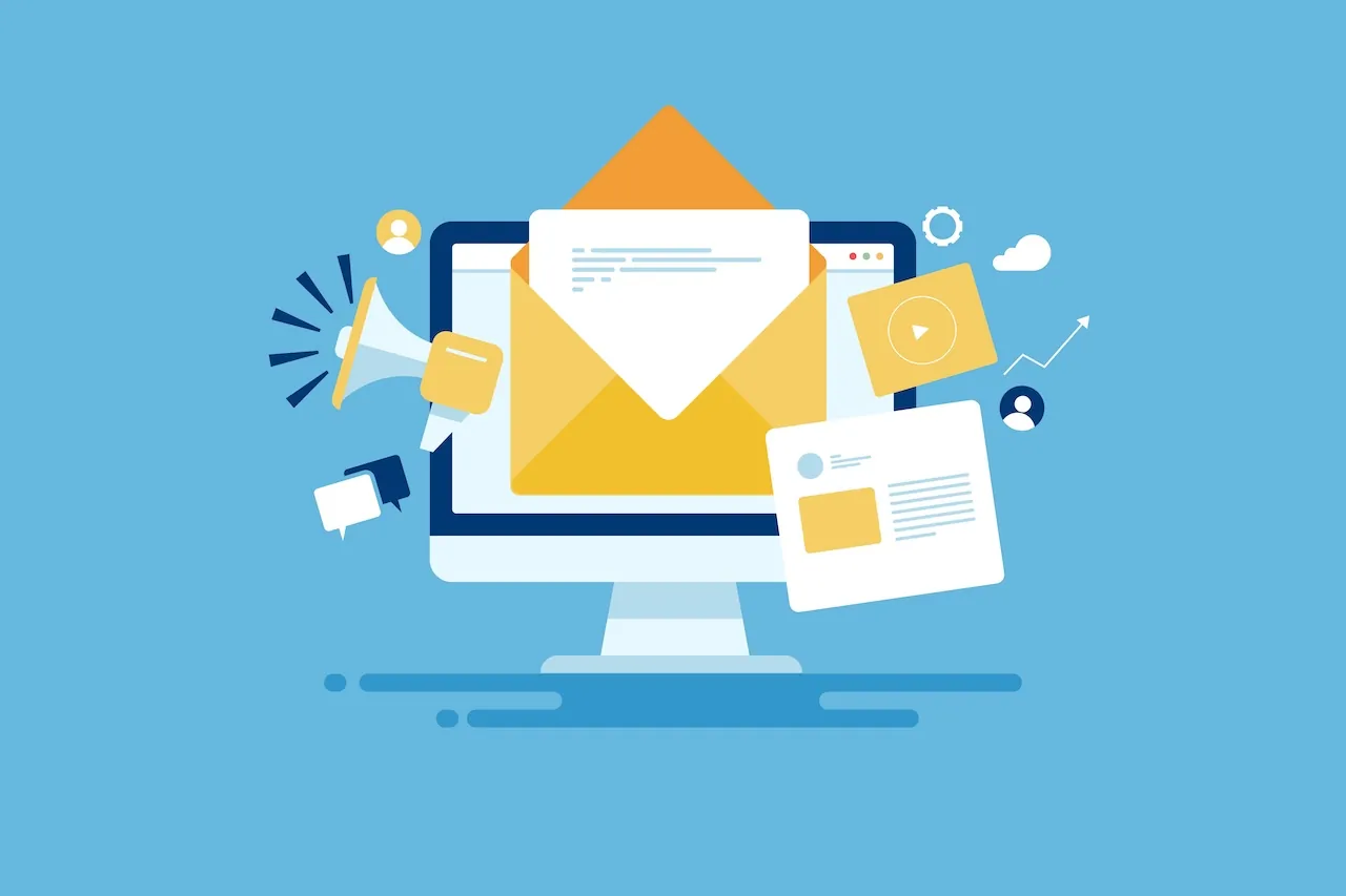 Reaching online audience with email marketing campaign, newsletter subscription, sending marketing message via email. Digital email marketing strategy.